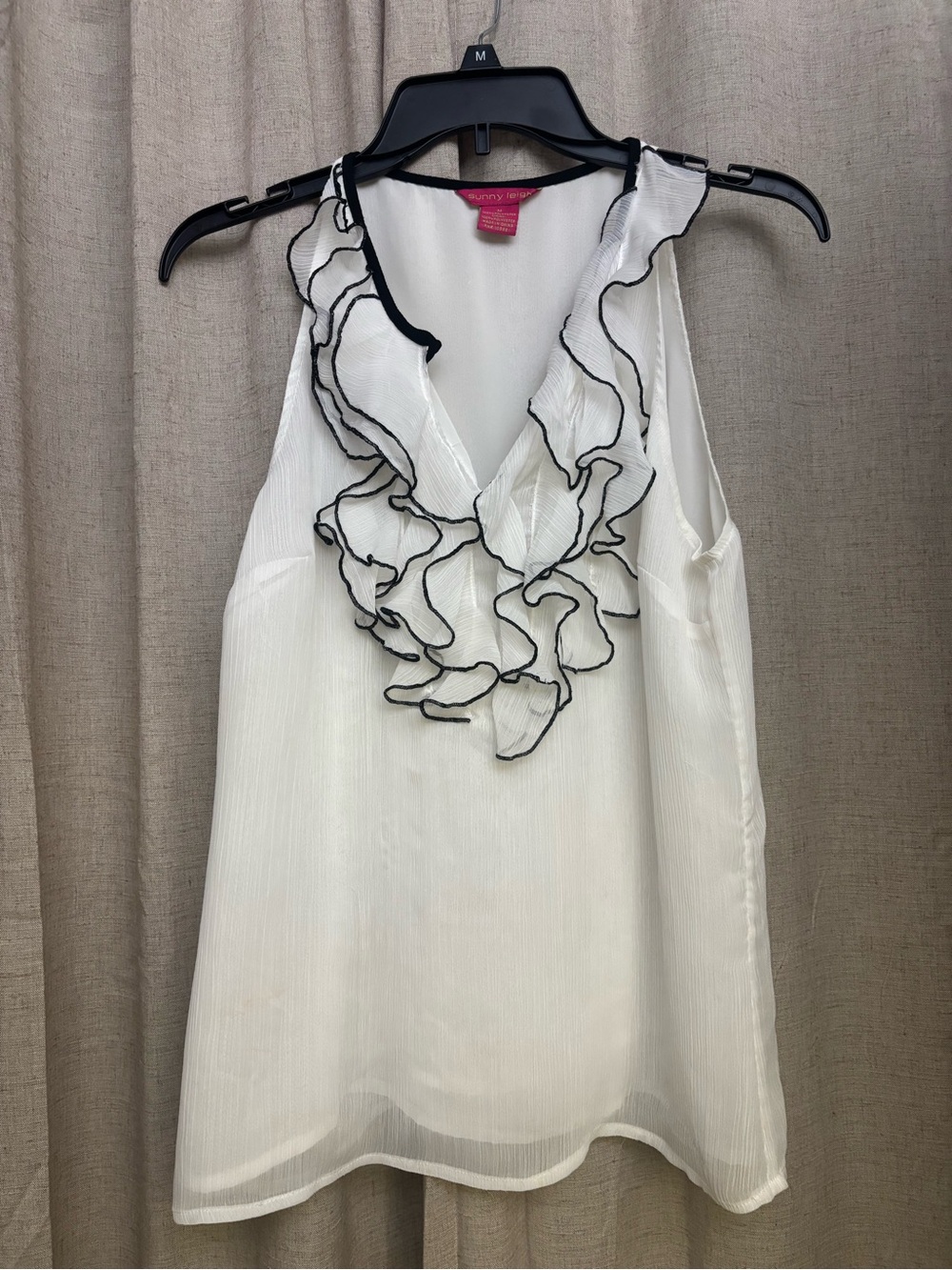 Sunny Leigh White Sleeveless Ruffle V-Neck Top with Black Trim